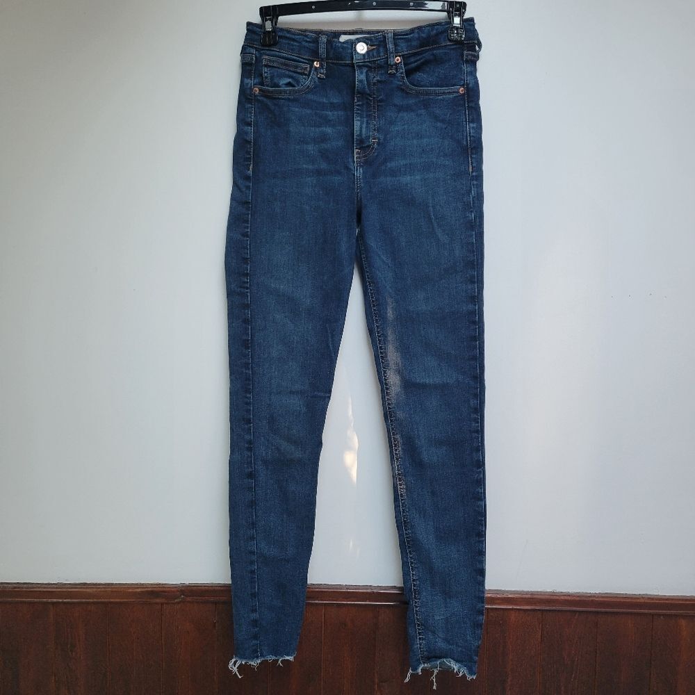 TOPSHOP | Jamie High Rise Skinny Jeans Dark Wash Raw Hem Grunge Edgy Ripped 28